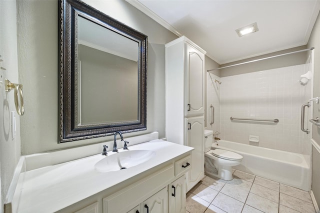 full bathroom featuring tiled shower / bath, vanity, ornamental molding, toilet, and tile patterned floors