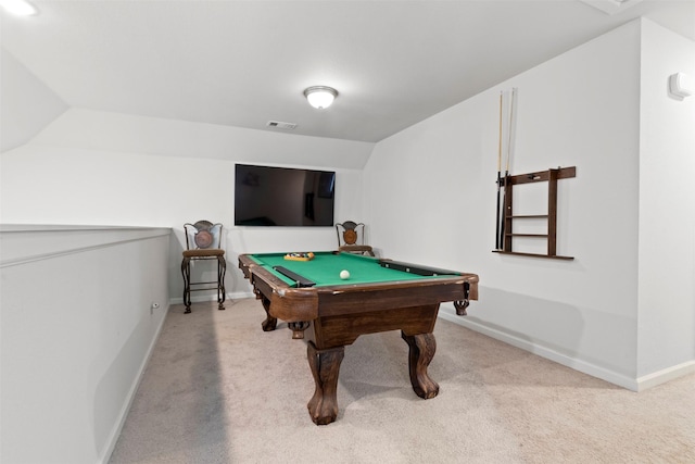 playroom with billiards, lofted ceiling, and carpet