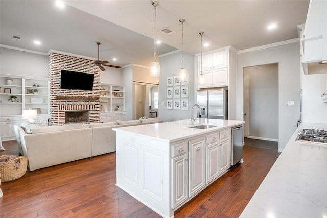 957 Prairie Timber Rd, Burleson, TX 76028 - kitchen with ceiling fan, a sink, a fireplace, visible vents, and ornamental molding