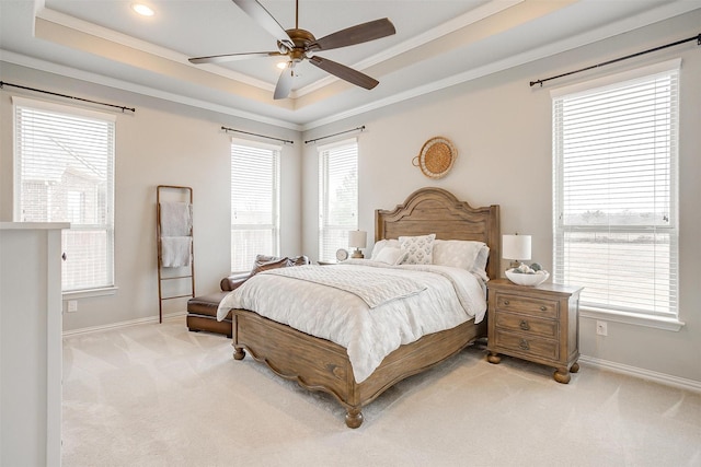 957 Prairie Timber Rd, Burleson, TX 76028 - bedroom featuring baseboards, light colored carpet, ornamental molding, and a raised ceiling