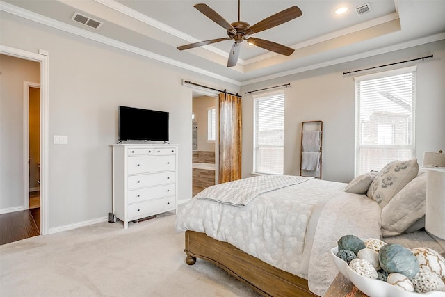 957 Prairie Timber Rd, Burleson, TX 76028 - bedroom featuring crown molding, a raised ceiling, baseboards, and visible vents