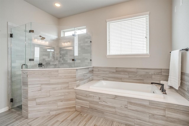 957 Prairie Timber Rd, Burleson, TX 76028 - bathroom featuring recessed lighting, tile patterned flooring, a shower stall, and a bath