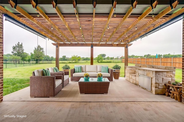 957 Prairie Timber Rd, Burleson, TX 76028 - view of patio featuring a fenced backyard, a pergola, and outdoor lounge area