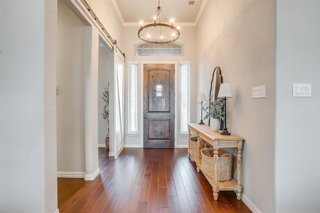 957 Prairie Timber Rd, Burleson, TX 76028 - foyer featuring an inviting chandelier, crown molding, visible vents, baseboards, and dark wood-type flooring