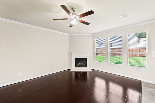 unfurnished living room featuring hardwood / wood-style flooring, crown molding, and ceiling fan