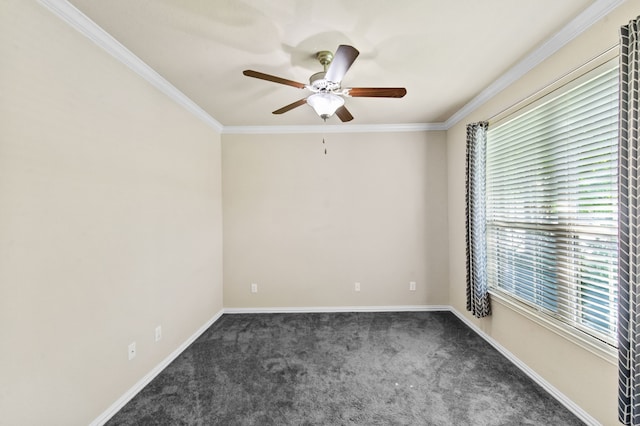 carpeted empty room featuring ceiling fan and ornamental molding