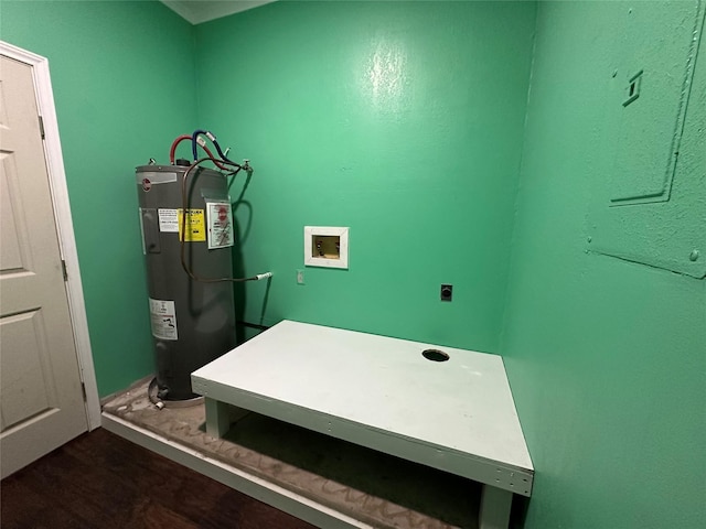 laundry room with electric panel, water heater, hookup for an electric dryer, hookup for a washing machine, and laundry area