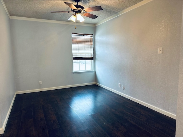 empty room with a textured ceiling, ceiling fan, dark wood-style flooring, and ornamental molding