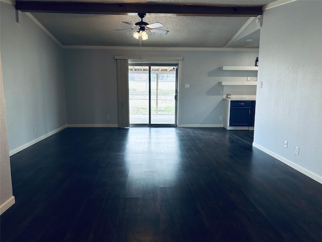 unfurnished living room featuring baseboards, ceiling fan, dark wood-type flooring, a textured ceiling, and beamed ceiling