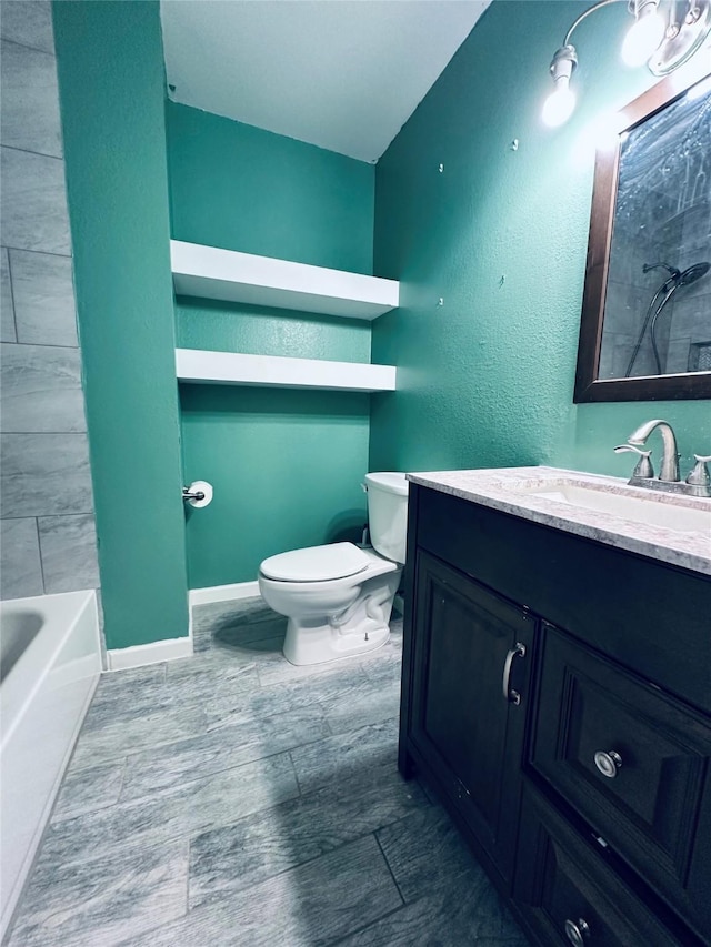 bathroom featuring toilet, a tub to relax in, wood finished floors, a shower, and vanity