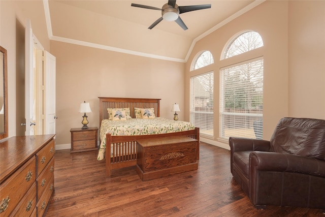 bedroom featuring vaulted ceiling, ornamental molding, dark wood-type flooring, baseboards, and a ceiling fan