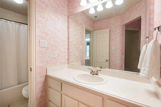 full bath with wallpapered walls, toilet, vanity, tile patterned floors, and shower / bathtub combination with curtain