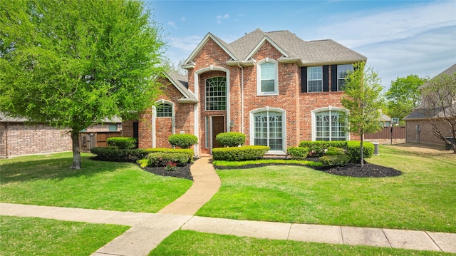 traditional-style home featuring brick siding and roof with shingles