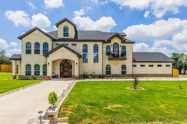 french country inspired facade with a front yard