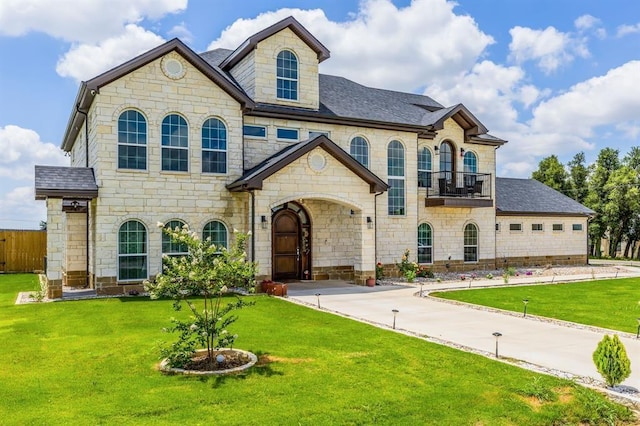 view of front of property with a balcony and a front lawn