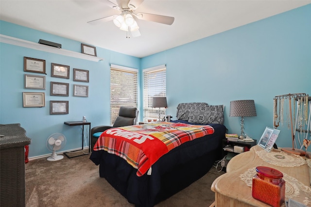 carpeted bedroom featuring ceiling fan