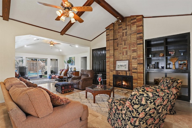 living room featuring ceiling fan, a fireplace, high vaulted ceiling, and beamed ceiling