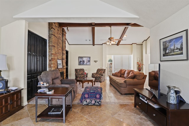 living room featuring lofted ceiling with beams and ceiling fan