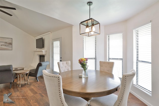 dining room with a healthy amount of sunlight, lofted ceiling, and dark hardwood / wood-style floors