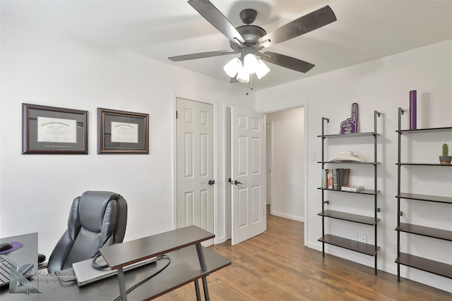 office space featuring ceiling fan and dark hardwood / wood-style floors