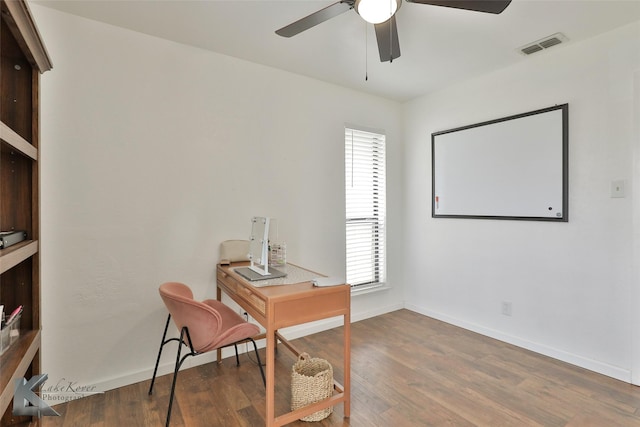 office area with wood-type flooring and ceiling fan