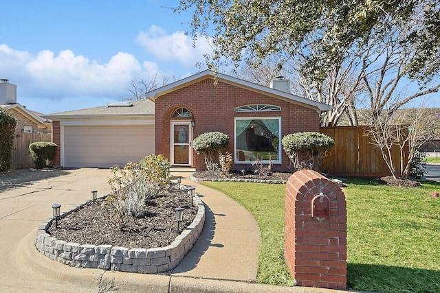 ranch-style house featuring a garage and a front lawn