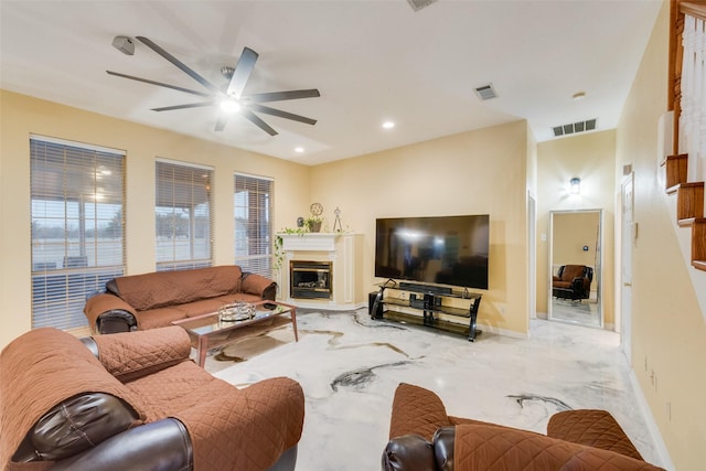 living room with ceiling fan