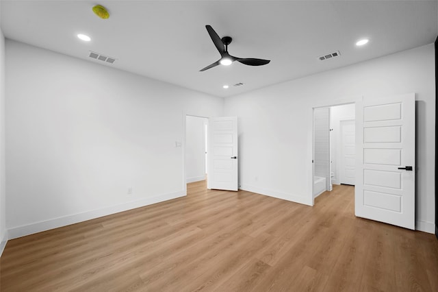 unfurnished bedroom featuring ceiling fan and light hardwood / wood-style floors