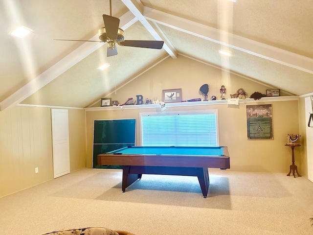 recreation room with carpet, vaulted ceiling with beams, pool table, and a textured ceiling