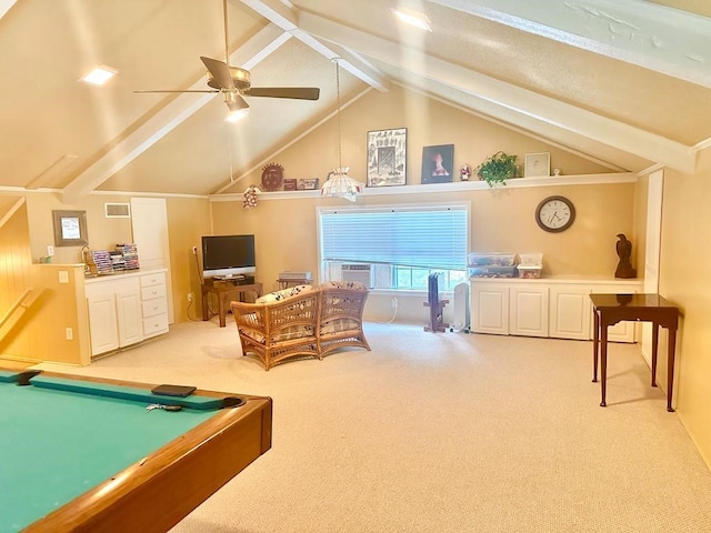 recreation room with vaulted ceiling with beams, carpet floors, and ceiling fan