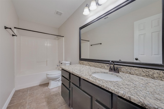 full bathroom with shower / bath combination, vanity, tile patterned flooring, and toilet