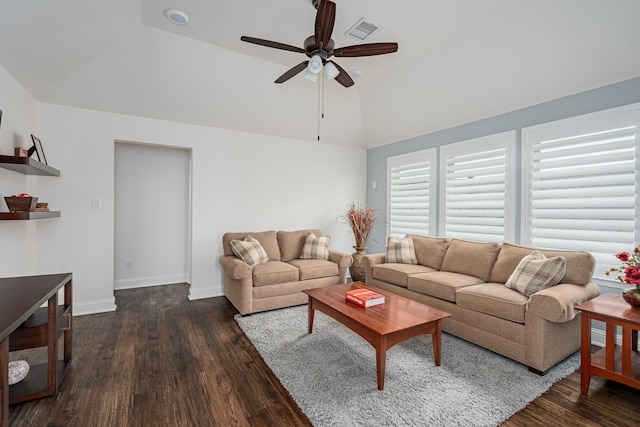 living room with ceiling fan, lofted ceiling, and dark hardwood / wood-style floors