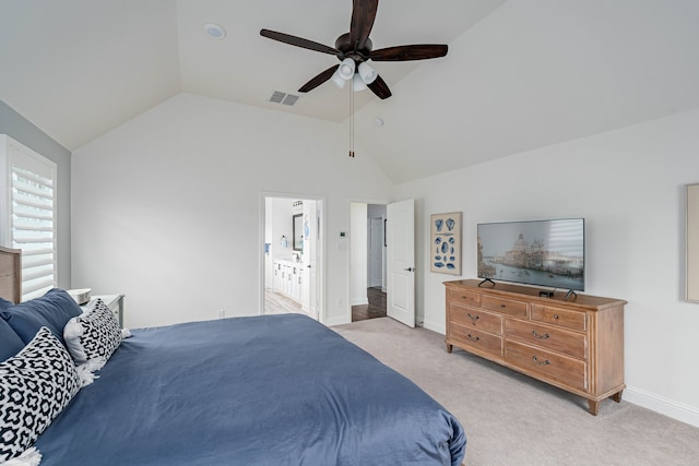 carpeted bedroom with lofted ceiling and ceiling fan