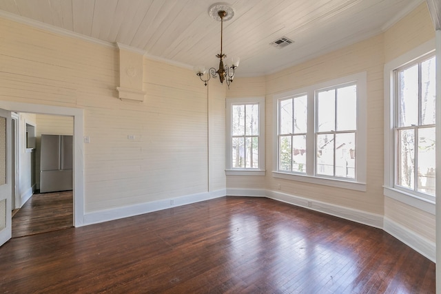 unfurnished room featuring crown molding, dark hardwood / wood-style floors, wood ceiling, and a chandelier