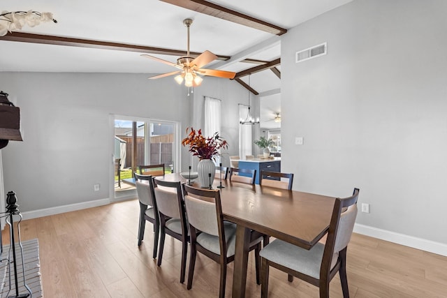 dining space featuring vaulted ceiling with beams, light hardwood / wood-style floors, and ceiling fan