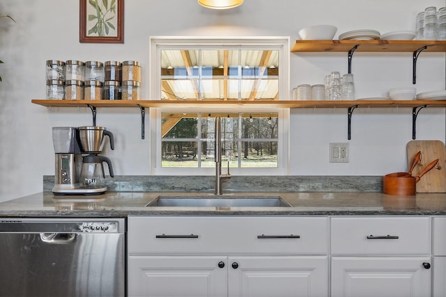 kitchen with dishwasher, sink, and white cabinets