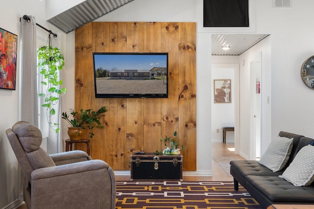 living room featuring dark wood-type flooring