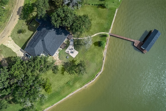 bird's eye view with a water view