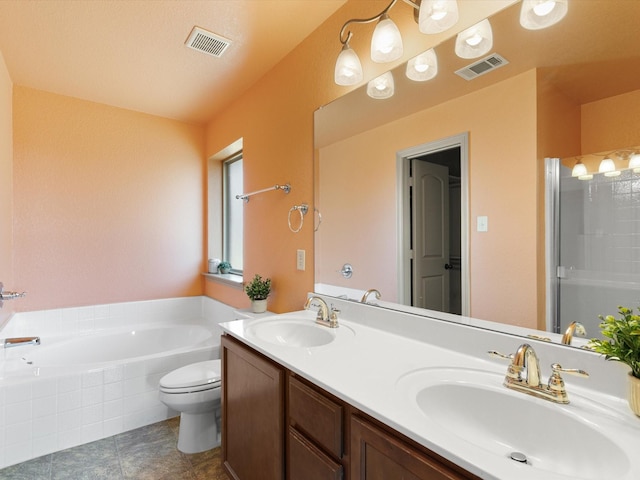 full bathroom with vanity, tile patterned floors, shower with separate bathtub, and toilet