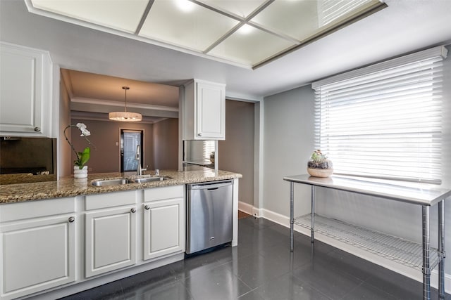 kitchen with sink, white cabinetry, stone countertops, stainless steel dishwasher, and pendant lighting