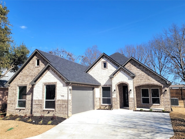 french country style house featuring an attached garage, brick siding, driveway, stone siding, and roof with shingles