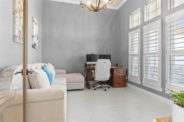 office space featuring an inviting chandelier and ornamental molding