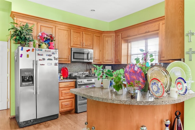 kitchen with decorative backsplash, light hardwood / wood-style flooring, and stainless steel appliances