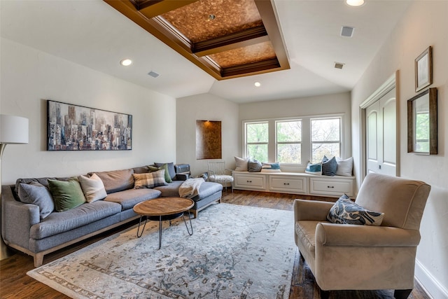 living room with lofted ceiling and wood-type flooring