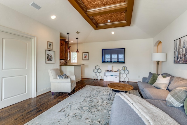 living room featuring dark wood-type flooring