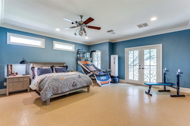 bedroom with ornamental molding, access to outside, ceiling fan, and french doors