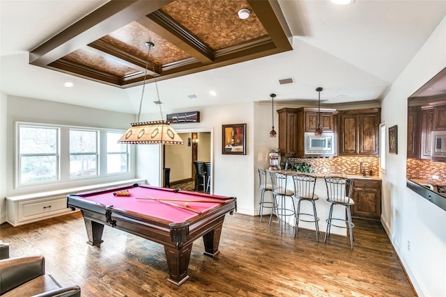 game room featuring coffered ceiling, sink, pool table, and dark wood-type flooring