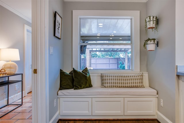 living area with crown molding