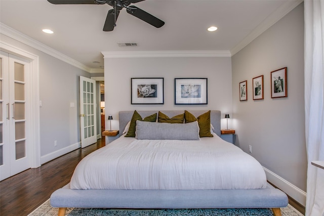 bedroom featuring crown molding, dark hardwood / wood-style floors, ceiling fan, and french doors