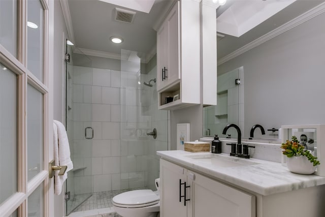 bathroom with crown molding, vanity, toilet, and walk in shower